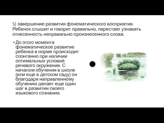 5) завершение развития фонематического восприятия. Ребенок слышит и говорит правильно, перестает