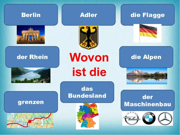 Berlin Adler der Maschinenbau die Flagge die Alpen der Rhein Wovon