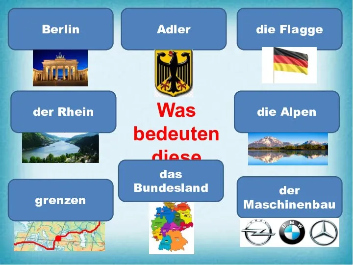 Berlin Adler der Maschinenbau die Flagge die Alpen der Rhein Was