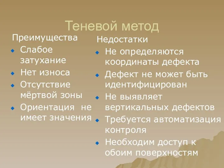 Теневой метод Преимущества Слабое затухание Нет износа Отсутствие мёртвой зоны Ориентация