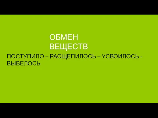 ПОСТУПИЛО – РАСЩЕПИЛОСЬ – УСВОИЛОСЬ - ВЫВЕЛОСЬ ОБМЕН ВЕЩЕСТВ