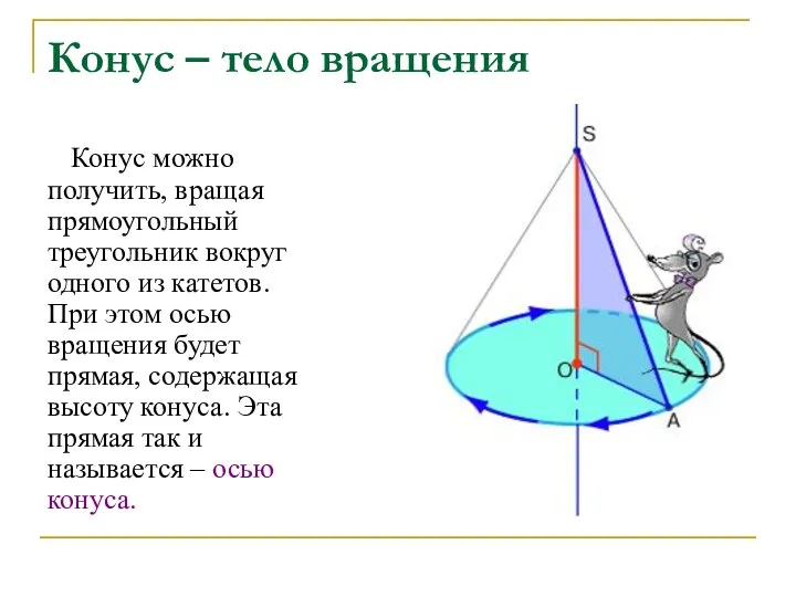 Конус – тело вращения Конус можно получить, вращая прямоугольный треугольник вокруг