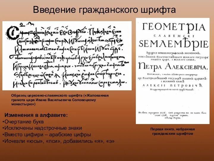 Введение гражданского шрифта Образец церковно-славянского шрифта («Жалованная грамота царя Ивана Васильевича