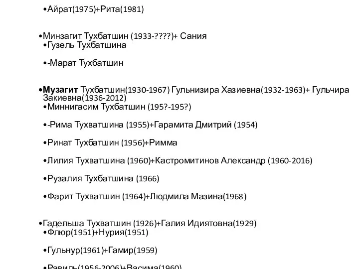 Сююш Чуракай Сююшев Кульчура Суюшев (1744-1828)+Гульбан (1744) Саитбаттал Кульчурин(1784-1824)+Алифа Назирова(1786) Минлекай