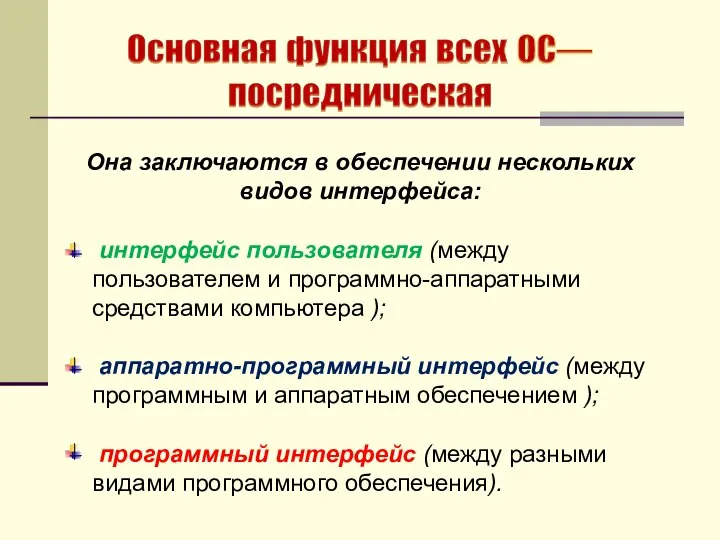 Она заключаются в обеспечении нескольких видов интерфейса: интерфейс пользователя (между пользователем