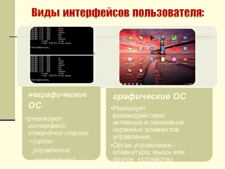 : неграфические ОС реализуют интерфейс командной строки (орган управления – клавиатура).