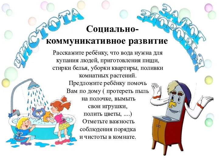 Социально-коммуникативное развитие Расскажите ребёнку, что вода нужна для купания людей, приготовления