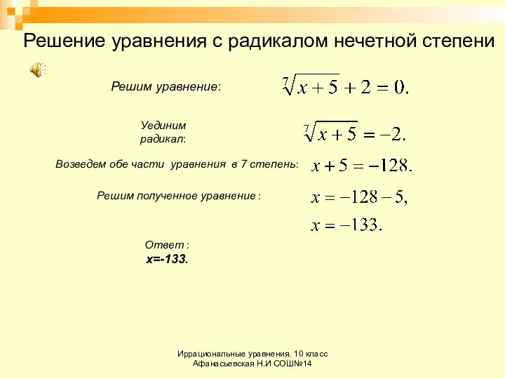 Иррациональные уравнения. 10 класс Афанасьевская Н.И СОШ№14 Решение уравнения с радикалом