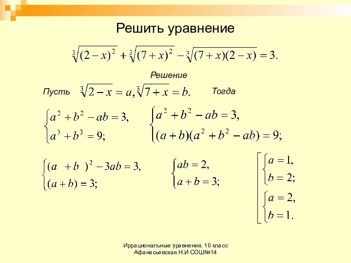 Иррациональные уравнения. 10 класс Афанасьевская Н.И СОШ№14 Решить уравнение Решение Пусть Тогда