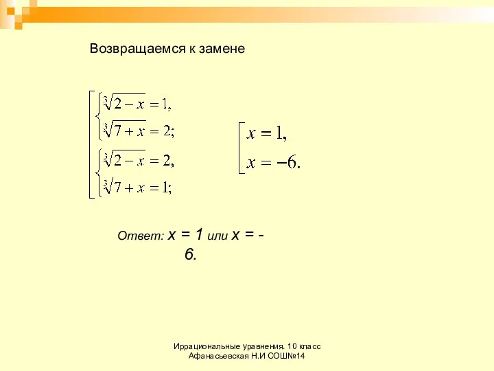 Иррациональные уравнения. 10 класс Афанасьевская Н.И СОШ№14 Возвращаемся к замене Ответ: