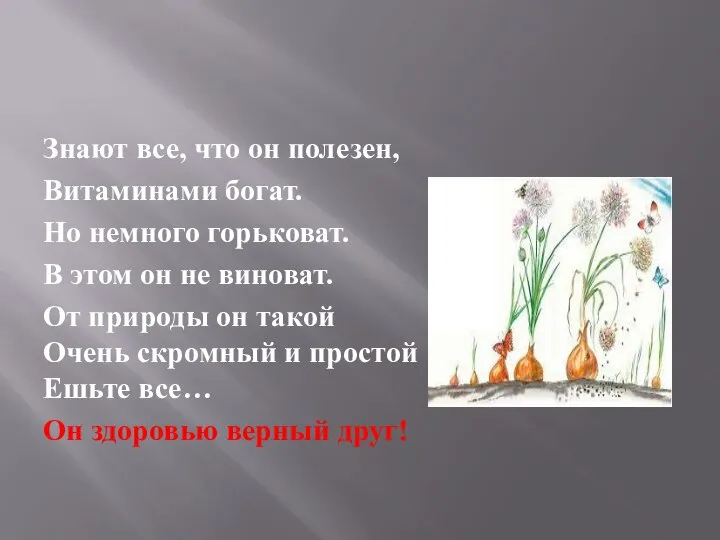 Знают все, что он полезен, Витаминами богат. Но немного горьковат. В