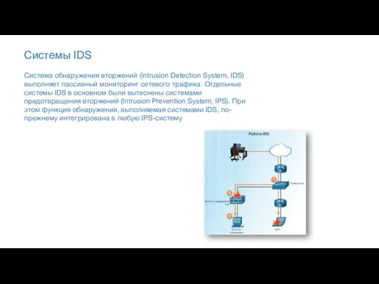 Системы IDS Система обнаружения вторжений (Intrusion Detection System, IDS) выполняет пассивный