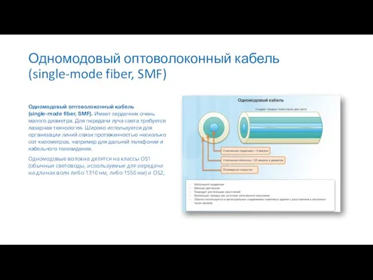 Одномодовый оптоволоконный кабель (single-mode fiber, SMF) Одномодовый оптоволоконный кабель (single-mode fiber,