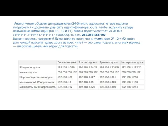 Аналогичным образом для разделения 24-битного адреса на четыре подсети потребуется «одолжить»