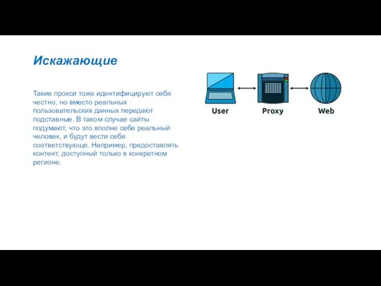 Искажающие Такие прокси тоже идентифицируют себя честно, но вместо реальных пользовательских