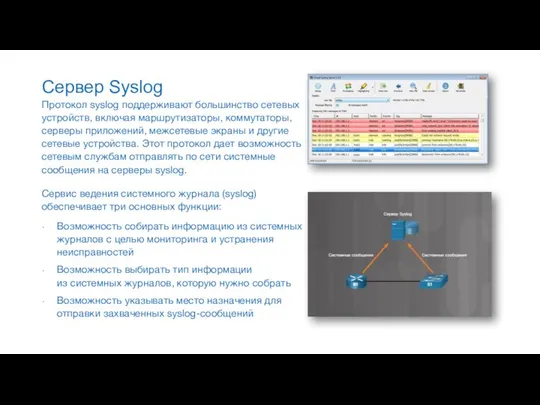 Сервер Syslog Сервис ведения системного журнала (syslog) обеспечивает три основных функции: