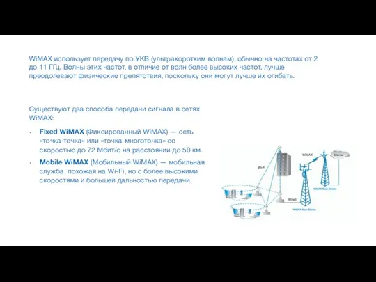 WiMAX использует передачу по УКВ (ультракоротким волнам), обычно на частотах от