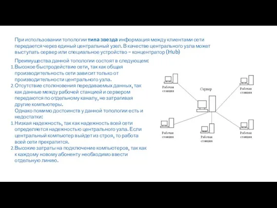 При использовании топологии типа звезда информация между клиентами сети передается через