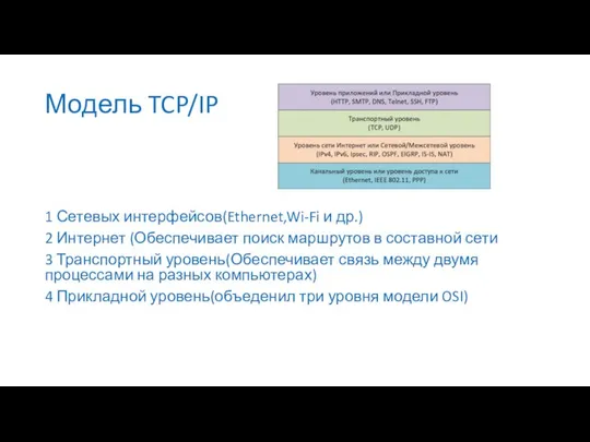 Модель TCP/IP 1 Сетевых интерфейсов(Ethernet,Wi-Fi и др.) 2 Интернет (Обеспечивает поиск