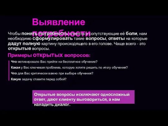 Выявление потребности Чтобы понять потребность клиента и сопутствующие её боли, нам