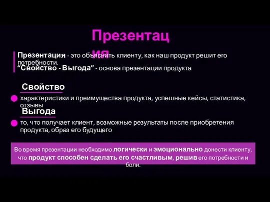 Презентация “Свойство - Выгода” - основа презентации продукта Свойство характеристики и