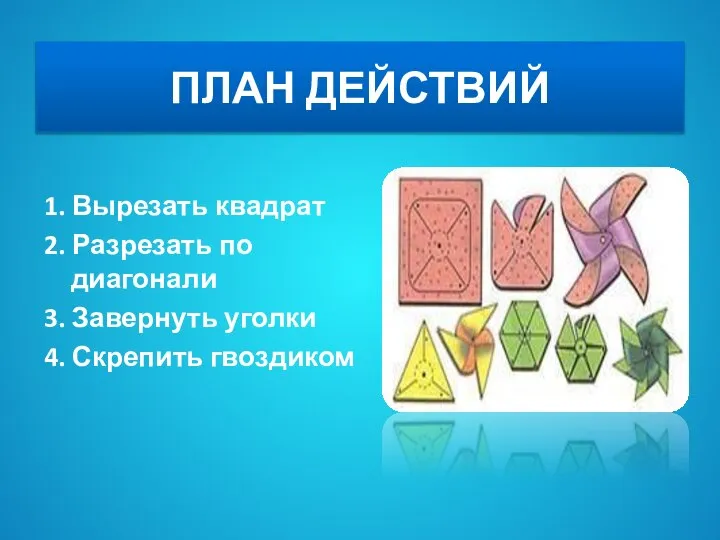 ПЛАН ДЕЙСТВИЙ 1. Вырезать квадрат 2. Разрезать по диагонали 3. Завернуть уголки 4. Скрепить гвоздиком