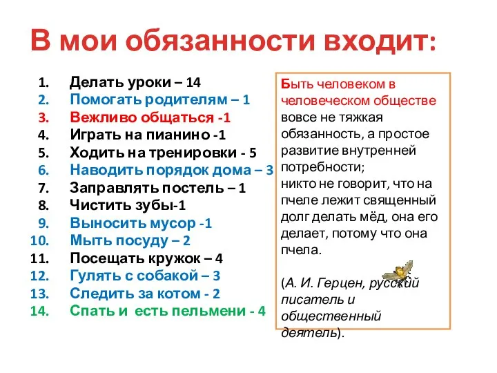 В мои обязанности входит: Делать уроки – 14 Помогать родителям –