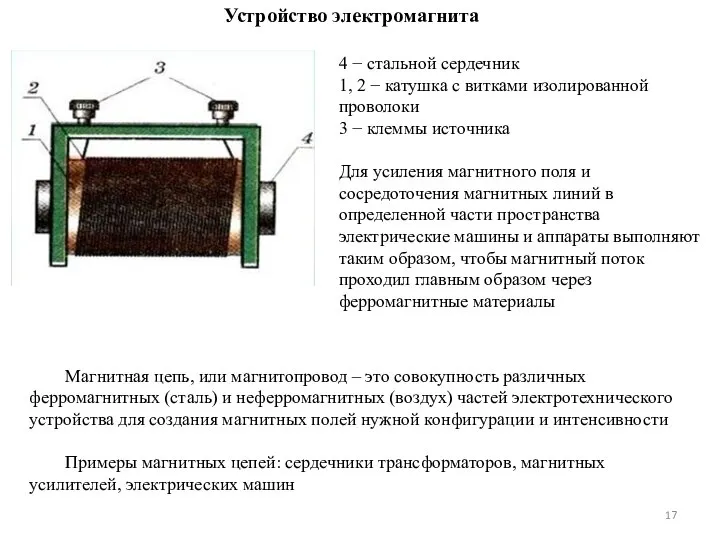 4 − стальной сердечник 1, 2 − катушка с витками изолированной