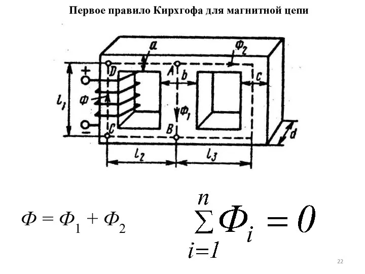 Первое правило Кирхгофа для магнитной цепи Ф = Ф1 + Ф2