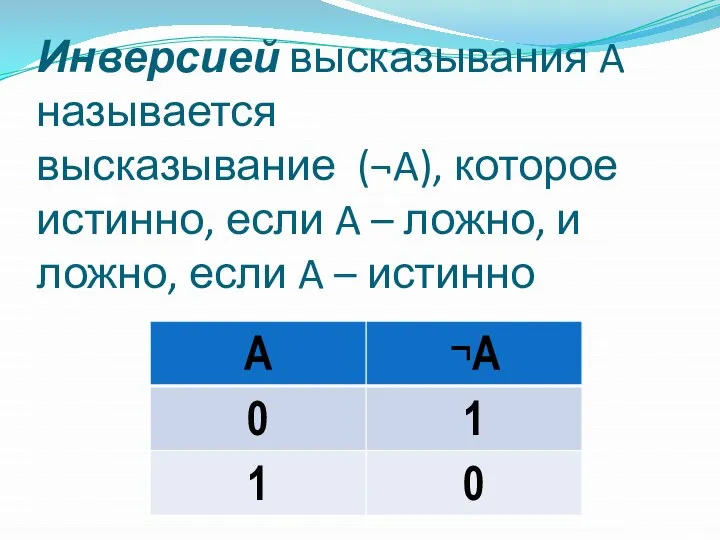 Инверсией высказывания A называется высказывание (¬A), которое истинно, если A –