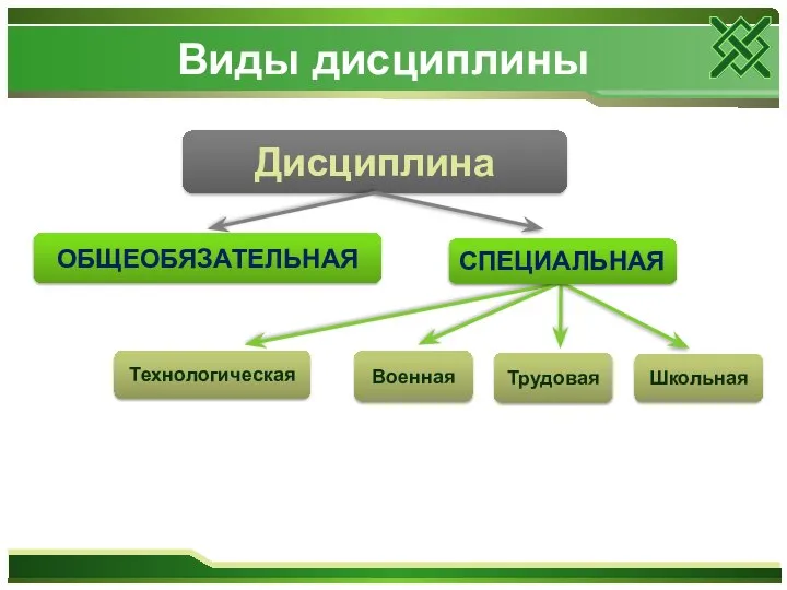 Дисциплина ОБЩЕОБЯЗАТЕЛЬНАЯ Военная Трудовая Школьная СПЕЦИАЛЬНАЯ Технологическая Виды дисциплины