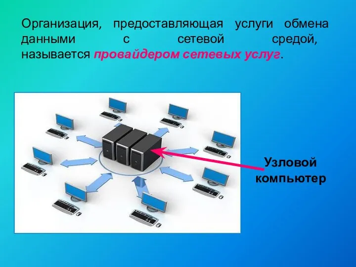 Организация, предоставляющая услуги обмена данными с сетевой средой, называется провайдером сетевых услуг. Узловой компьютер