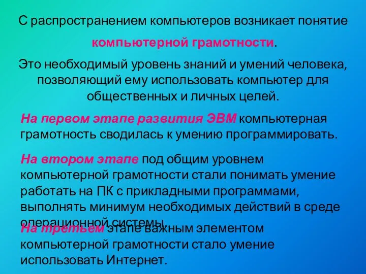 С распространением компьютеров возникает понятие компьютерной грамотности. Это необходимый уровень знаний