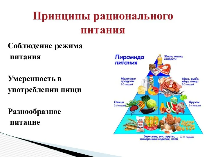 Принципы рационального питания Соблюдение режима питания Умеренность в употреблении пищи Разнообразное питание