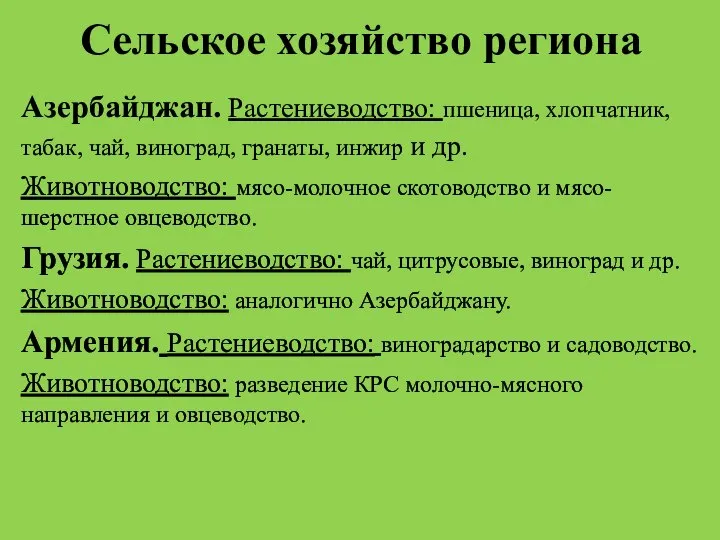 Сельское хозяйство региона Азербайджан. Растениеводство: пшеница, хлопчатник, табак, чай, виноград, гранаты,