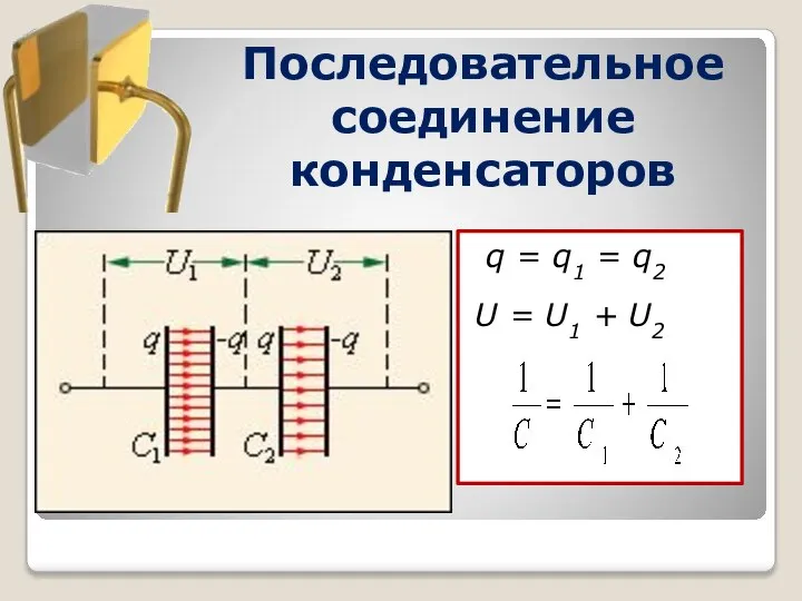 Последовательное соединение конденсаторов q = q1 = q2 U = U1 + U2