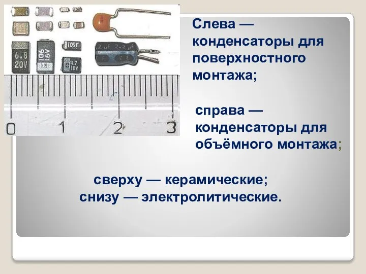 сверху — керамические; снизу — электролитические. Слева — конденсаторы для поверхностного