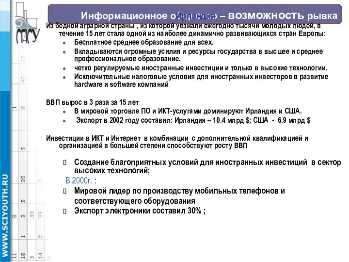 Информационное общество – возможность рывка Ирландия Из бедной аграрной страны ,