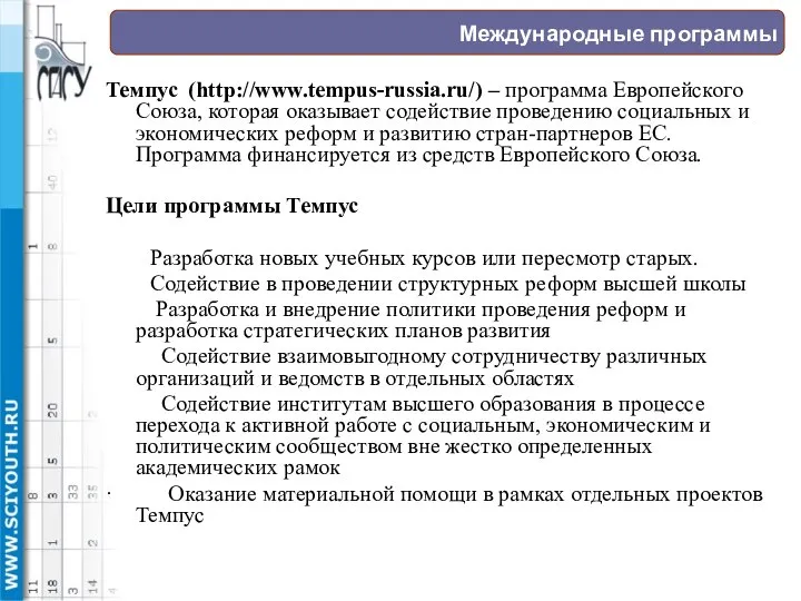 Международные программы Темпус (http://www.tempus-russia.ru/) – программа Европейского Союза, которая оказывает содействие