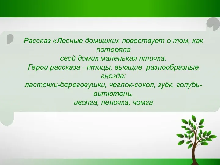 Рассказ «Лесные домишки» повествует о том, как потеряла свой домик маленькая