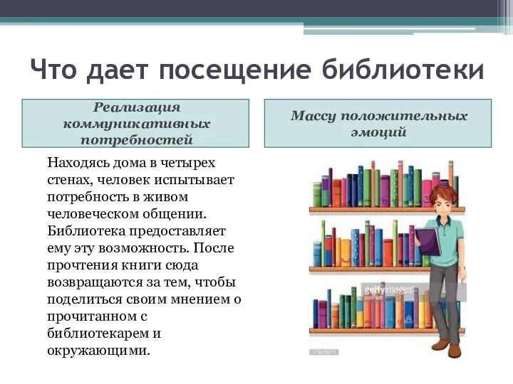 Что дает посещение библиотеки Реализация коммуникативных потребностей Массу положительных эмоций Находясь