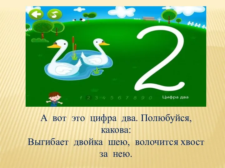 А вот это цифра два. Полюбуйся, какова: Выгибает двойка шею, волочится хвост за нею.