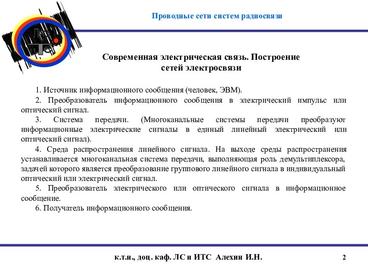 к.т.н., доц. каф. ЛС и ИТС Алехин И.Н. Современная электрическая связь.