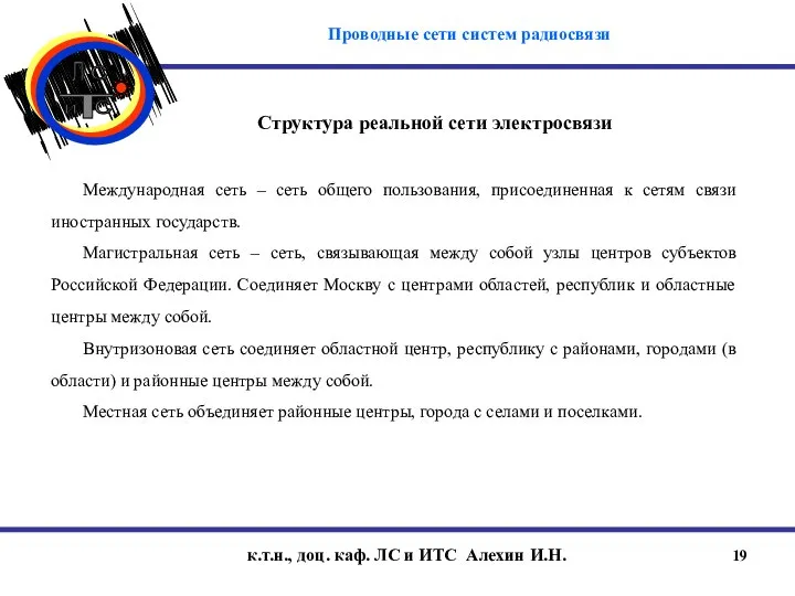 к.т.н., доц. каф. ЛС и ИТС Алехин И.Н. Структура реальной сети