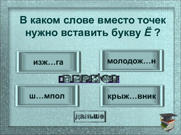 молодож…н ш…мпол изж…га крыж…вник В каком слове вместо точек нужно вставить букву Ё ?