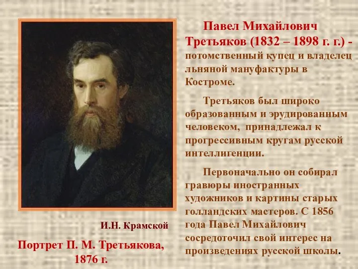 И.Н. Крамской Портрет П. М. Третьякова, 1876 г. Павел Михайлович Третьяков