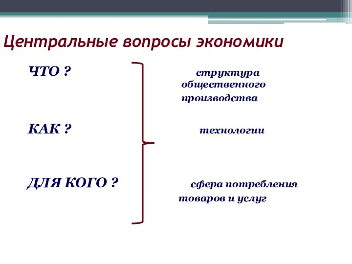 Центральные вопросы экономики ЧТО ? структура общественного производства КАК ? технологии