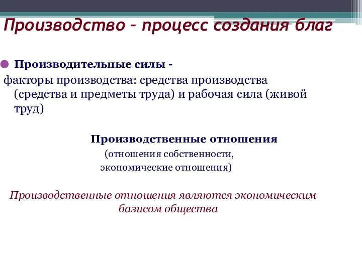 Производство – процесс создания благ Производительные силы - факторы производства: средства