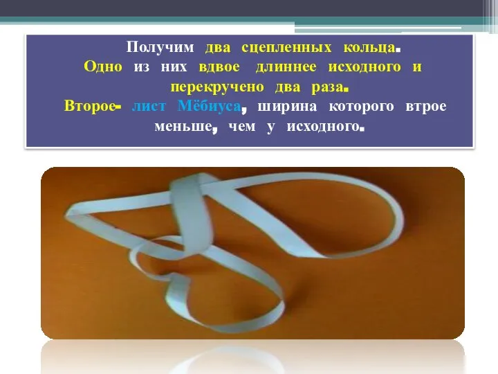 Получим два сцепленных кольца. Одно из них вдвое длиннее исходного и