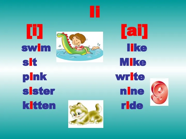 Ii [i] [ai] swim like sit Mike pink write sister nine kitten ride